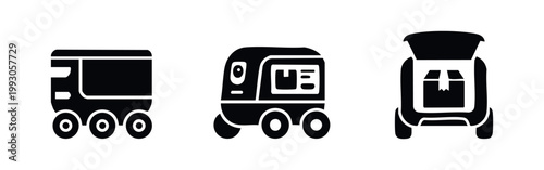 Set of solid black icons featuring autonomous delivery robots, showing side, front, and rear views with cargo boxes for smart logistics concept.
