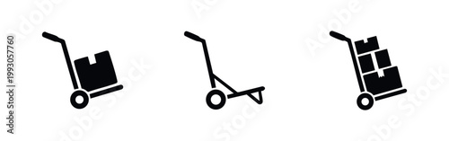 Set of minimalist black hand truck icons showing empty, partially loaded, and fully loaded dollies for logistics, delivery, and moving concepts.