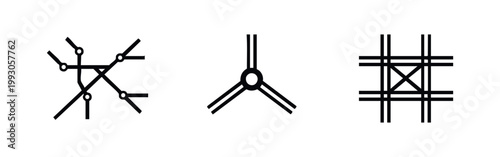 Collection of geometric abstract symbols depicting network maps, connection hubs, and infrastructure grids in a minimalist black and white style.