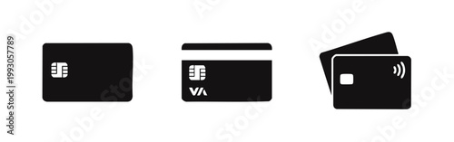 Set of minimalist black credit card icons featuring chip, magnetic stripe, and contactless payment symbols isolated on a white background.