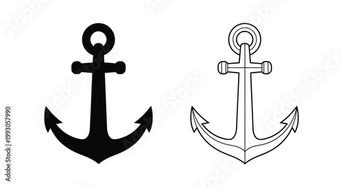 A minimalist depiction showcases two different styles of traditional ship anchors in black and white high quality professional