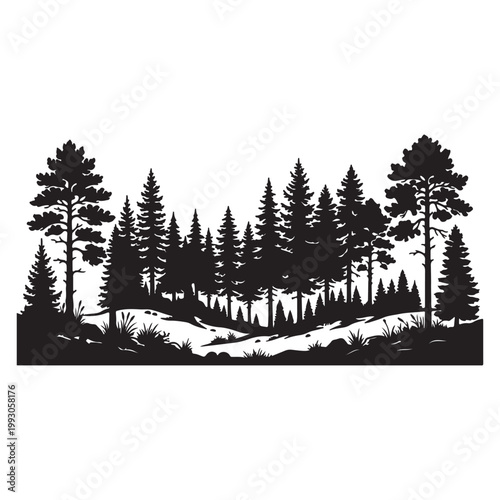 Black and white forest silhouette, pine and spruce tree landscape vector illustration isolated on white background