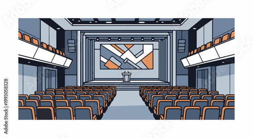 An empty auditorium with rows of seats facing a stage and abstract projection