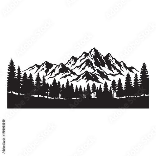 Mountain range and pine forest silhouette landscape vector illustration