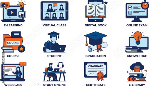 A collection of icons representing online education and learning concepts on a white background