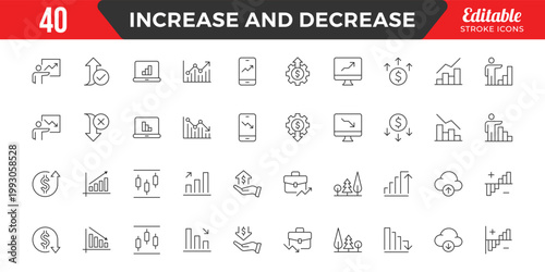 Increase and Decrease line Editable Icons set. Graph, Diagram, business growth, finance, economy, statistics, summary, profit, fall, arrow up, down,
and more. Simple vector icons. Editable Stroke.