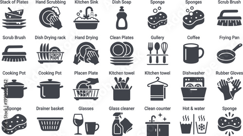 A collection of kitchen utensils and cleaning tools icons on a white background