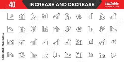 Increase and Decrease line Editable Icons set. Graph, Diagram, business growth, finance, economy, statistics, summary, profit, fall, arrow up, down,
and more. Simple vector icons. Editable Stroke.