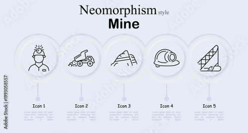 Mining industry set icon. Worker helmet lamp, dump truck transport, mineral mountain pile, safety hardhat, conveyor belt system, quarry extraction, industrial resource production
