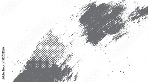 Grey distressed brush strokes and halftone dots on white background abstract texture grunge