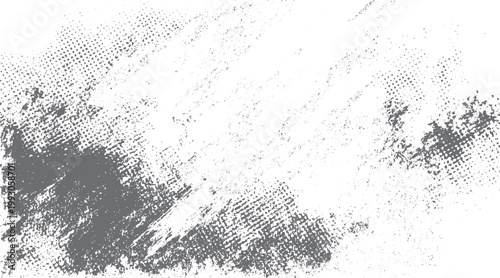 Distressed grey halftone texture with scattered dots and grunge splatters on white background