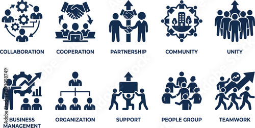 A graphic illustration depicting various aspects of teamwork and business management