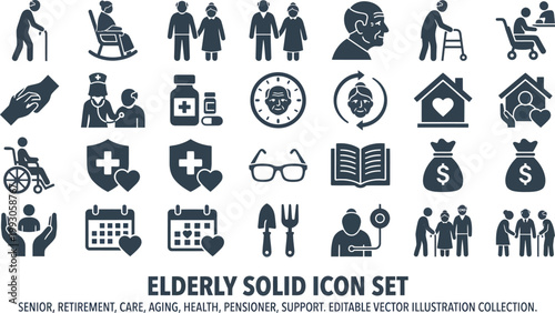 A comprehensive set of solid icons depicting elderly care and retirement concepts