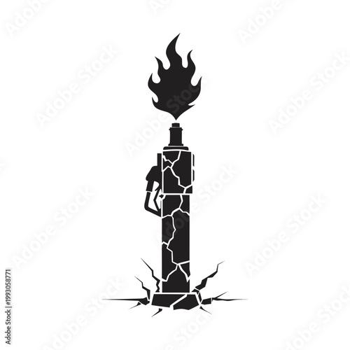 Cracked torch icon, broken flame symbol, damaged fire sign, black vector graphics