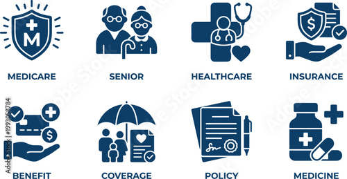 A graphic illustration showcasing various healthcare and insurance related icons and terms.