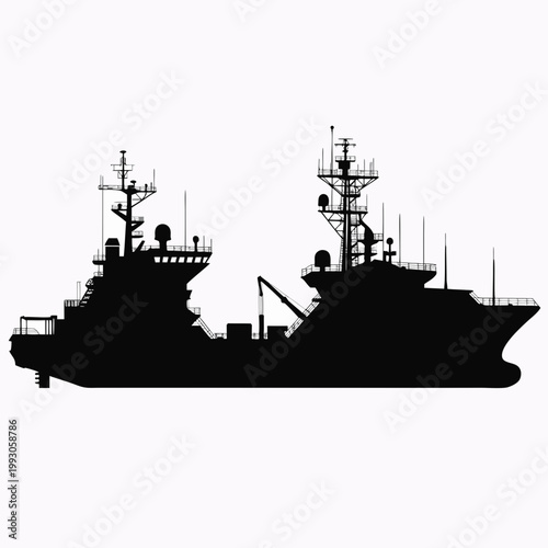 Military warship, naval vessel, black silhouette, vector illustration, warfare ship, ocean transport