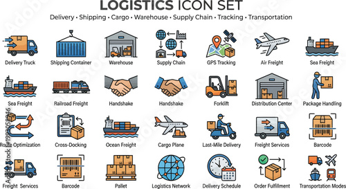 A comprehensive logistics icon set illustrating various aspects of delivery, shipping, and transportation
