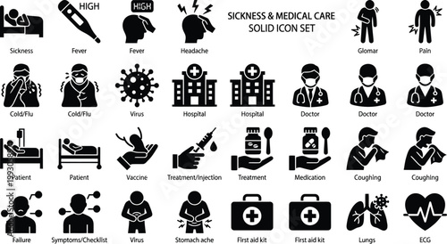 A comprehensive set of solid icons depicting sickness and medical care concepts