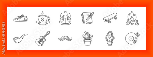 Hipster lifestyle line icons set with sneaker, coffee cup, backpack, notebook, skateboard, campfire, smoking pipe, acoustic guitar, mustache, cactus, wristwatch and vinyl record player