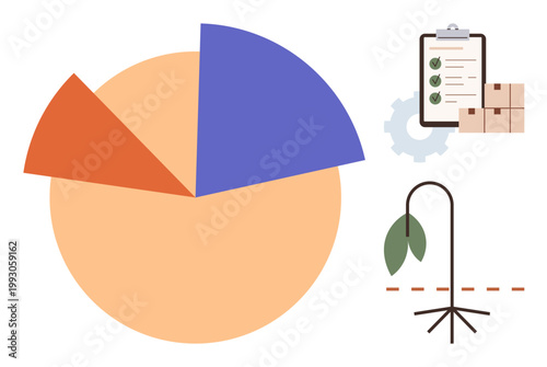 Environmental conservation, data analysis, logistics tracking, business operations, ecological decline, process management. Pie chart, checklist gear icon and drooping plant image. Data analysis