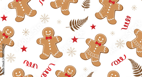 Cute Christmas Gingerbread Man Seamless Pattern with Snowflakes, Stars, and Fern Leaves for Holiday Wrapping Paper and Festive Designs