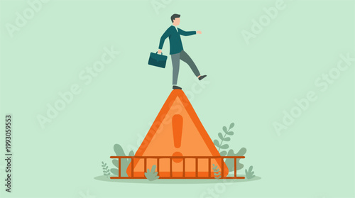 Photos Businessman balancing on a warning sign, representing business risk and challeng