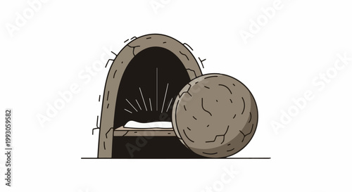 An empty tomb with a rolled away stone, and light emanating from within