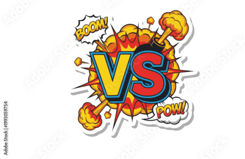 Versus Letters Fight Pop Art Sticker. Flat Vector Comic Style VS Text with Bomb Explosion Background.
