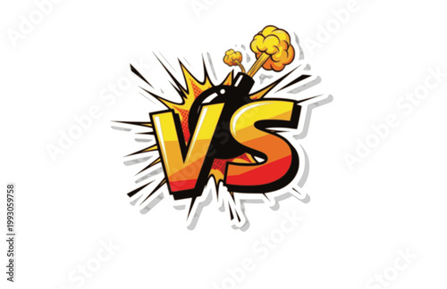 Versus Letters Fight Pop Art Sticker. Flat Vector Comic Style VS Text with Bomb Explosion Background.
