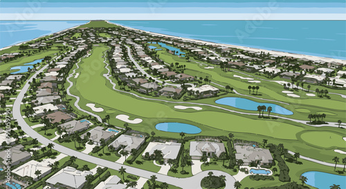 Aerial view of a luxury coastal golf course community with residences