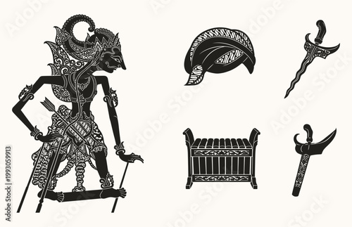 Wayang Kulit Shadow Puppet with Traditional Javanese Keris and Blangkon Vector Graphic