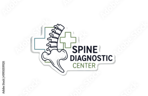 Spine Diagnostic Center Logo Sticker. Flat Vector Minimalist Human Vertebrae and Medical Cross for Health.