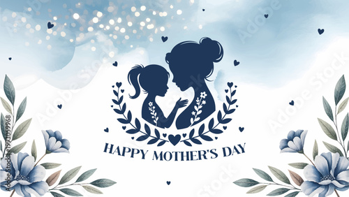 happy mothers day card with floral and mother child silhouette, elegant motherhood illustration with flowers and soft pastel background, beautiful mom and daughter silhouette greeting card design