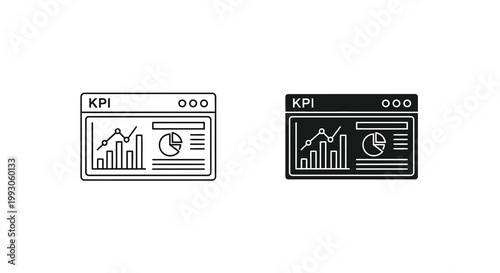 A pair of black and white line icons depicting key performance indicator dashboards with charts and graphs