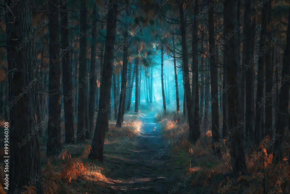 Fototapeta premium A path leads into a dense, blue-toned forest at twilight.