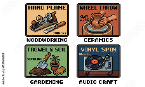 Handicraft and hobbies woodworking, ceramics, gardening, and audio crafts illustrated in pixel art style