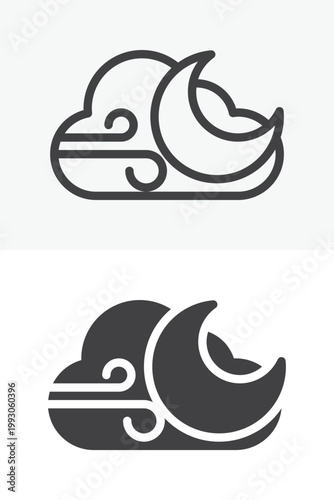 Moon wind cloud icon in line and solid style. Outline and filled cloud with moon and wind lines. Editable stroke vector sign symbol. Night windy weather icon.