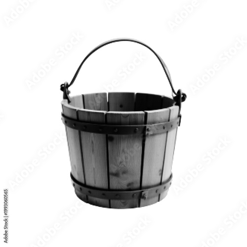 It’s a black-and-white halftone illustration of a bucket with a curved handle. The body appears to have vertical slats or ribs, giving it a slightly rustic or wooden-barrel style reinforced with bands
