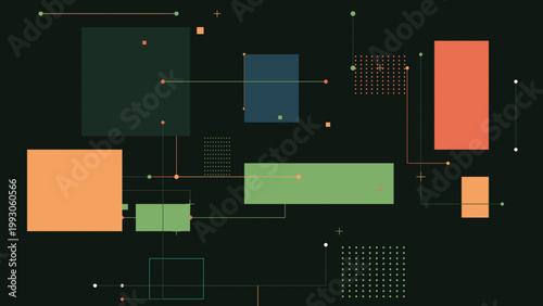 Abstract dark technology background with vibrant colorful rectangles and digital network connectivity lines for data visualization and UI design.