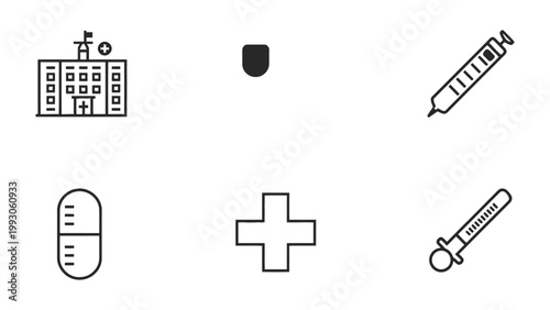 Healthcare Symbols: A collection of simple healthcare symbols, encompassing diverse medical tools, symbolizing wellness and medical facility, offering clear visuals for diverse medical contexts.