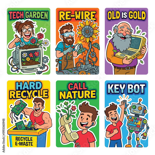 Techy 2D Stickers Of People Planting Flowers In Old Monitors And Recycling Circuit Boards For World Environment Day Electronic Waste Management EWaste Recycling And Sustainable Hardware Action Art