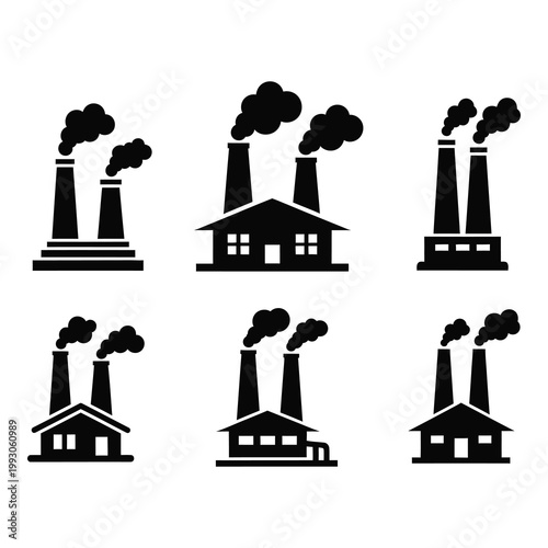 Black and white icons of industrial buildings with smoking chimneys and pipes  industrial pollution icon