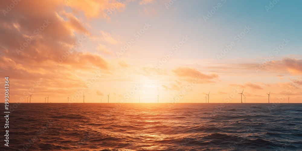 Fototapeta premium Wind turbines stand tall against the sunset on the ocean horizon in early evening light