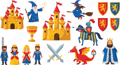 Medieval Fantasy Illustration Set Featuring Castles, Kings, Queens, Knights, Wizards, and Magical Elements for Fantasy, Adventure, and Game Design Projects.