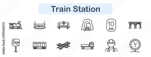 Train station set icon. Steam train, station sign, tanker wagon, tunnel, distance sign, bridge, stop sign, cargo wagon, rail crossing, locomotive, worker, clock. Railway transport visuals.