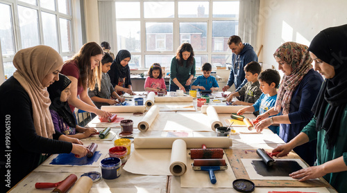 Families plus children create colorful prints together during community art workshop showing creativity learning collaboration cultural participation hands on activity education plus joyful making