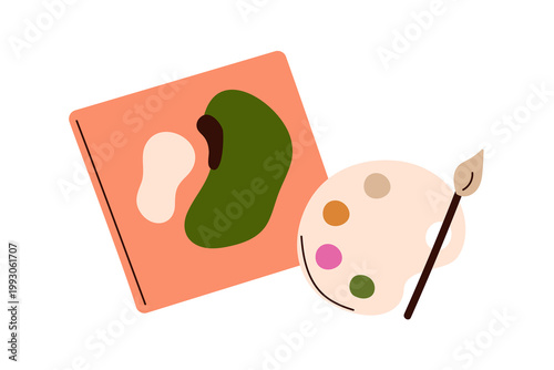 Painting palette, paint brush and abstract art, picture on canvas. Color pigment mixing board, pallet. Artistic supplies, tools for drawing. Flat vector illustration isolated on white background
