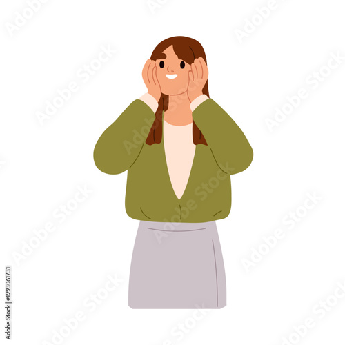 Surprised amazed woman looking with astonished emotion, wondering with happy smiling face expression. Female feeling admiration and amazement. Flat vector illustration isolated on white background