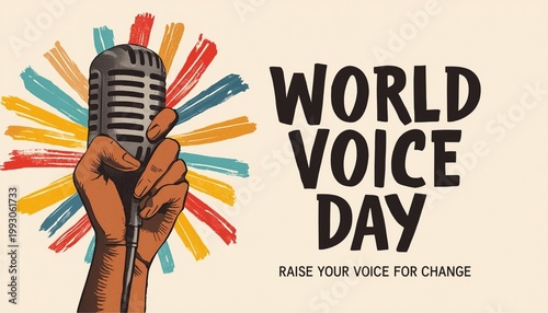 World Voice Day conceptual banner with a hand holding a vintage microphone against a colorful sunburst of artistic paint strokes