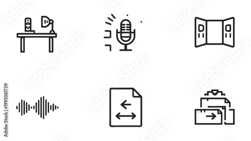 Communication and Audio Visual Icons: A set of minimalist line icons representing audio, communication, and desk elements. Ideal for projects needing clean, modern visuals.